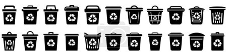 Ilustración de Icono de papelera aislado. Conjunto de iconos de papelera negra con diferentes diseños de tapa y símbolos de reciclaje. Concepto de gestión de residuos. Ilustración vectorial - Imagen libre de derechos