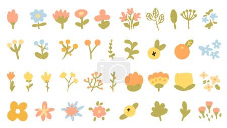 Photo for Collection of whimsical, hand-drawn style flowers, leaves, and fruits in pastel colors, suitable for spring-themed designs and patterns. Vector illustration - Royalty Free Image