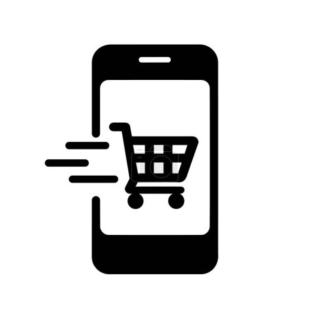 Photo for Online shopping icon. Simple black mobile phone with a shopping cart icon on the screen. Concept of mobile commerce and online shopping apps - Royalty Free Image
