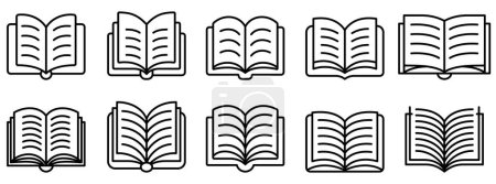 Illustration for Open book icon. Set of book icons in line art style. Black outlines of various book designs on a white background. Vector illustration - Royalty Free Image