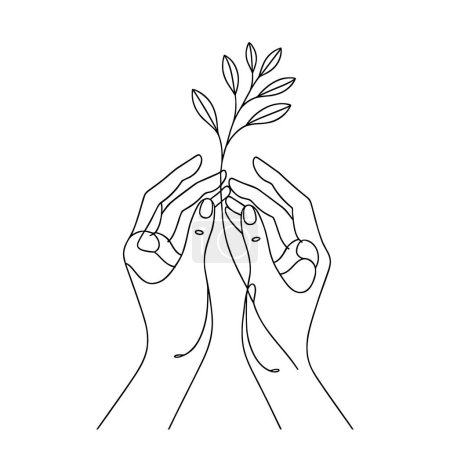 Photo for Line drawing of hands gently holding a sapling. Concept of growth, care, and environmental conservation. Vector illustration - Royalty Free Image
