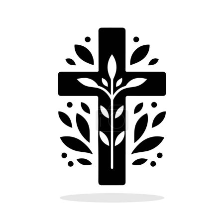 Photo for Christian cross icon. Black symbol of christian cross with plant and leaves. Religious symbol. Vector illustration. - Royalty Free Image