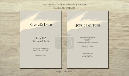Invitación a la boda y guardar la plantilla de la tarjeta de fecha con cepillo de frotis y diseño minimalista gris.