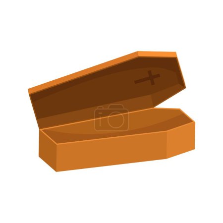 Illustration for Yellow wooden coffin with open lid. Halloween burial box for burial of dead in cemetery according to religious custom and creepy bedroom for vector vampires - Royalty Free Image