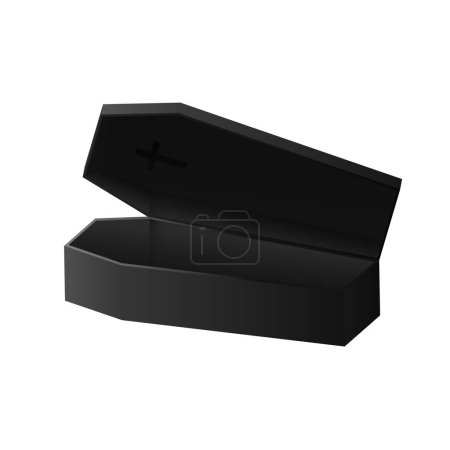 Téléchargez les illustrations : Cercueil ouvert noir avec couvercle. Mystère boîte de sépulture pour l'enterrement des morts dans le cimetière selon la coutume religieuse et chambre effrayant pour vampires vecteurs - en licence libre de droit
