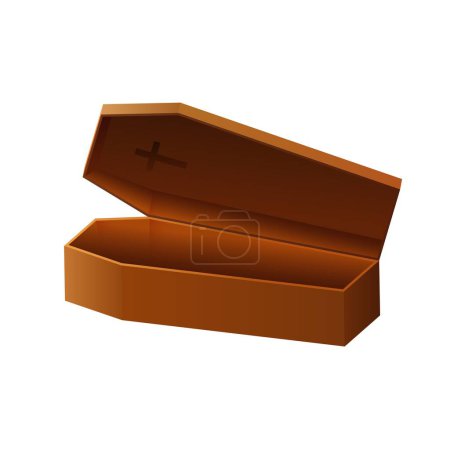 Illustration for Open wooden coffin with lid. Brown burial box for burial of dead in cemetery according to religious custom and creepy bedroom for vector vampires - Royalty Free Image