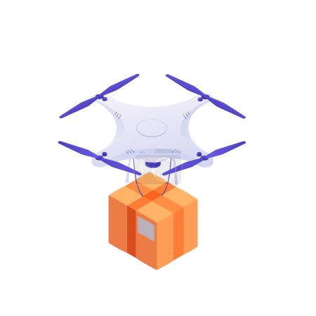 Illustration for Drone delivers parcel box. White quadrocopters ship sort yellow boxes fast loading delivery goods by mobile robotic vector devices. - Royalty Free Image
