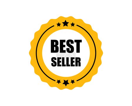 Ilustración de Gold round sticker best seller. Elite round label award to qualified marketer for promotions and volumes of advertising vector sales - Imagen libre de derechos