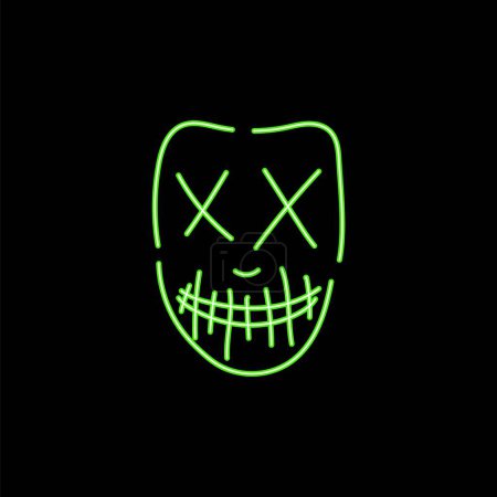 Neon grüne Zombie-Maske. Gruseliger Charakter mit gekreuzten Augen und genähtem Mund mit Reißzähnen für Halloween und Vektorparty