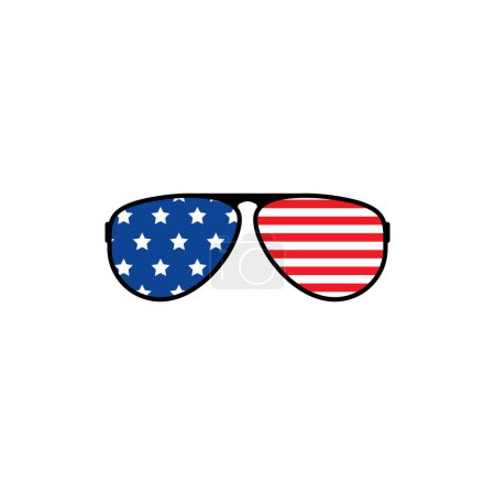 Fliegerbrille unter amerikanischer Flagge. Modisches Accessoire zum Schutz der Augen vor Sonne mit stylischen Gläsern und Kunststoff-Vektorrahmen.