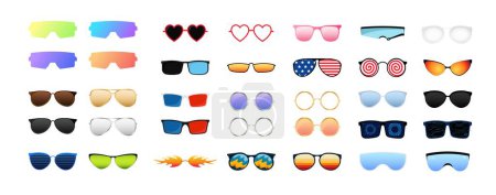 Multicolored sunglasses set.. Colorful accessory to protect eyes from sun with stylish lenses and plastic vector frames.