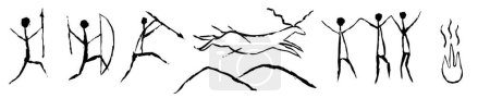 Ilustración de Pintura rupestre cueva arte viejo símbolo ilustración vector dibujado a mano. Animales prehistóricos y gente primitiva tradicional caza ornamento aislado sobre fondo blanco - Imagen libre de derechos