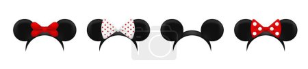 Illustration for Mouse ears mask template. Black cute hats with red bows for fun parties and carnival with cartoon vector design elements - Royalty Free Image