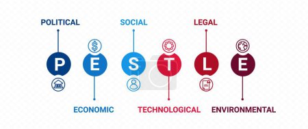 Pestle strategic diagram. Economic marketing with management organization and political market with technological and social vector structure