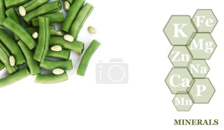 Photo for Fresh ripe green bean pods isolated on white background with marking of minerals found in green bean - Royalty Free Image