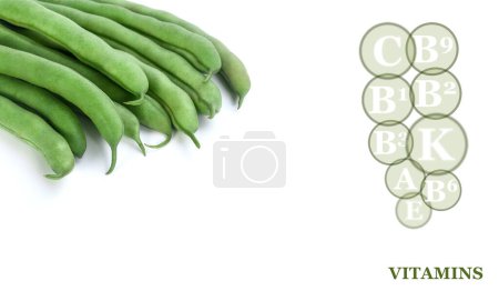 Photo for Fresh ripe green bean pods isolated on white background with marking of vitamins found in green bean - Royalty Free Image