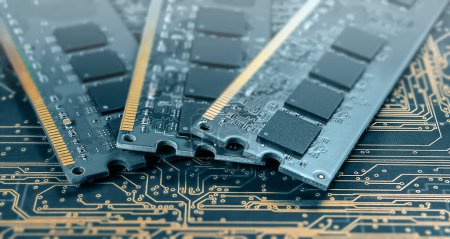 Photo for Computer memory modules on background of black printed circuit board with golden wires - Royalty Free Image