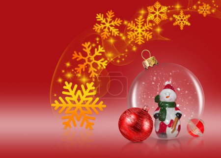Photo for Abstract Christmas and New Year concept with christmas decorations, snow, snowflakes and stars on red tender background - Royalty Free Image