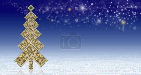 Foto de Concepto abstracto de Navidad y Año Nuevo con árbol de Navidad estilizado hecho de módulos de memoria, copos de nieve y estrellas sobre un delicado fondo de degradado azul y placa de circuito impreso. - Imagen libre de derechos