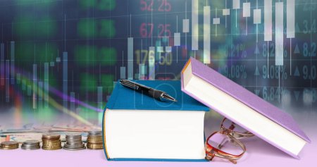 Books, pencil, coins  and glasses Against Stock Market Background