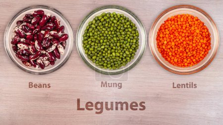 Three clear glass bowls are neatly arranged on a wooden surface, each containing a different type of legume - red and white beans, green mung beans, and orange lentils.