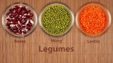 Three clear glass bowls are neatly arranged on a bamboo mat surface, each containing a different type of legume - red and white beans, green mung beans, and orange lentils.