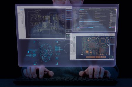 Las manos del hombre en el teclado y la pantalla virtual con ventanas de software de diseño asistido por computadora. Concepto del diagrama de flujo del proceso de desarrollo en la industria electrónica - idea con la ayuda de IA, diagrama esquemático, enrutamiento de PCB, programación.