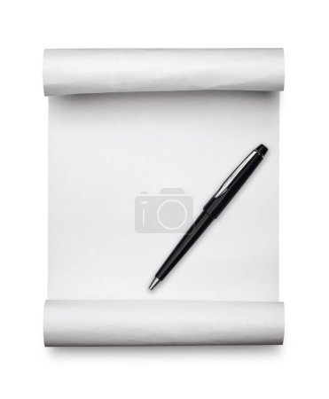 Photo for Curled paper with pen on white background - Royalty Free Image