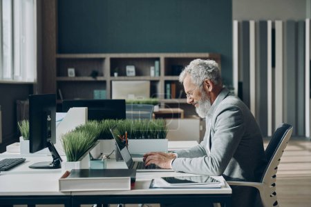 Téléchargez les photos : Homme d'affaires mature confiant travaillant sur ordinateur portable tout en étant assis à son lieu de travail dans le bureau - en image libre de droit