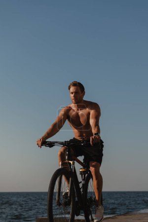 Téléchargez les photos : Homme confiant jeune torse nu profitant du matin d'été tout en faisant du vélo bord de mer - en image libre de droit