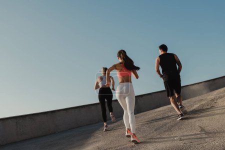 Téléchargez les photos : Vue arrière de jeunes en vêtements de sport profitant du jogging matinal en plein air ensemble - en image libre de droit
