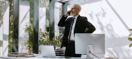 Foto de Confiado hombre de negocios maduro hablando por teléfono móvil mientras está de pie cerca de su lugar de trabajo en la oficina - Imagen libre de derechos