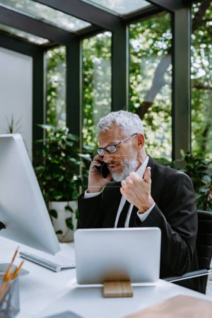 Foto de Confiado hombre de negocios maduro hablando por teléfono móvil y gesticulando mientras trabaja en la oficina moderna - Imagen libre de derechos