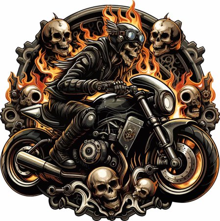 illustration, biker on a motorcycle on fire with skulls in vector