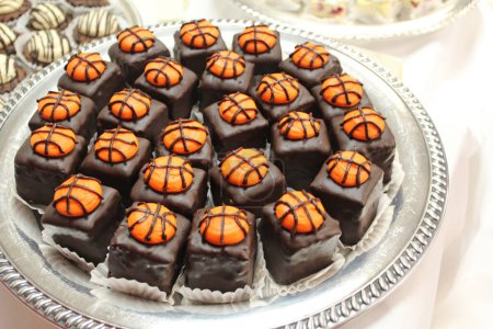 Basketball Themed Brownie Bites on Platter