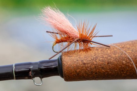 Foto de Patrón de mosca seca en naranja con patas de goma en la empuñadura de corcho de una caña de pescar mosca en el río. - Imagen libre de derechos