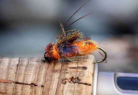 Photo for Wet fly nymph fishing pattern at a river in Oregon set on the cork handle of a rod. - Royalty Free Image
