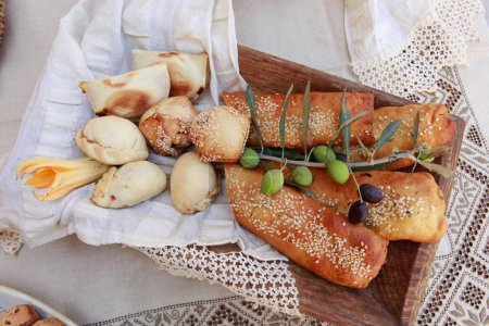 Photo for Fresh various bread and buns with sesame seeds. Cyprus traditional food - Royalty Free Image