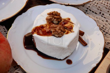 Photo for Cyprus traditional white cheese made from milk of goats and sheep with sweet sauce and nuts - Royalty Free Image