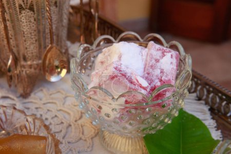 Photo for Traditional Cyprus jelly candies in powdered sugar in glass saucer - Royalty Free Image