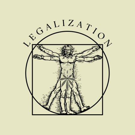 Legalisierung von Marihuana. Illustration der Anatomie eines Mannes mit einem Marihuana-Blatt an den Genitalien als Symbol der Legalisierung