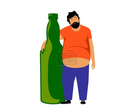 Ilustración de Un borracho abrazando una botella de alcohol. Alcohólico con un mal hábito. Ilustración vectorial. Diseño plano. - Imagen libre de derechos