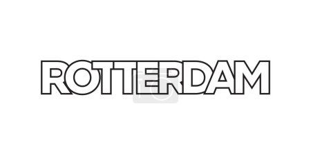 Téléchargez les illustrations : Rotterdam aux Pays-Bas emblème pour l'impression et le web. Design dispose d'un style géométrique, illustration vectorielle avec typographie en gras dans la police moderne. Lettrage slogan graphique isolé sur fond blanc. - en licence libre de droit