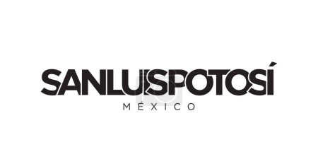 Ilustración de San Luis Potosí en el emblema de México para impresión y web. El diseño presenta un estilo geométrico, ilustración vectorial con tipografía en negrita en fuente moderna. Letras de eslogan gráfico aisladas sobre fondo blanco. - Imagen libre de derechos