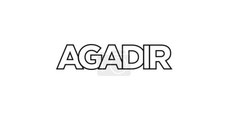 Ilustración de Agadir en el emblema de Marruecos para imprimir y web. El diseño presenta un estilo geométrico, ilustración vectorial con tipografía en negrita en fuente moderna. Letras de eslogan gráfico aisladas sobre fondo blanco. - Imagen libre de derechos
