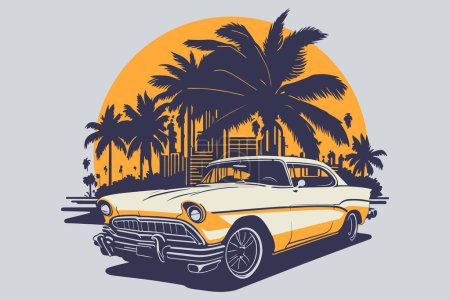 Classic american car in sun city with palm. Vintage vehicle vector illustration. Modern print design of retro machine.