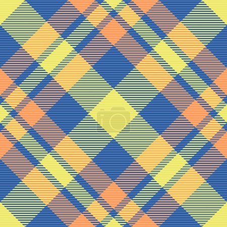 Ilustración de Tejido de fondo tartán de textura sin costuras con un vector textil a cuadros de jaque en colores azul y amarillo. - Imagen libre de derechos