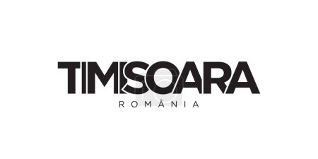 Ilustración de Timisoara en el emblema de Rumania para la impresión y la web. El diseño presenta un estilo geométrico, ilustración vectorial con tipografía en negrita en fuente moderna. Letras de eslogan gráfico aisladas sobre fondo blanco. - Imagen libre de derechos