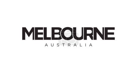 Ilustración de Melbourne en el emblema de Australia para imprimir y web. El diseño presenta un estilo geométrico, ilustración vectorial con tipografía en negrita en fuente moderna. Letras de eslogan gráfico aisladas sobre fondo blanco. - Imagen libre de derechos