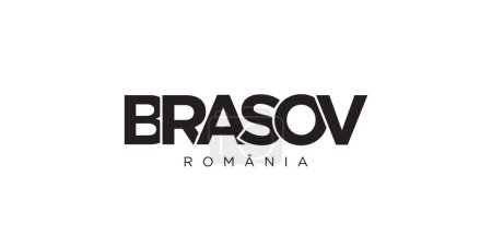 Ilustración de Brasov en el emblema de Rumania para imprimir y web. El diseño presenta un estilo geométrico, ilustración vectorial con tipografía en negrita en fuente moderna. Letras de eslogan gráfico aisladas sobre fondo blanco. - Imagen libre de derechos